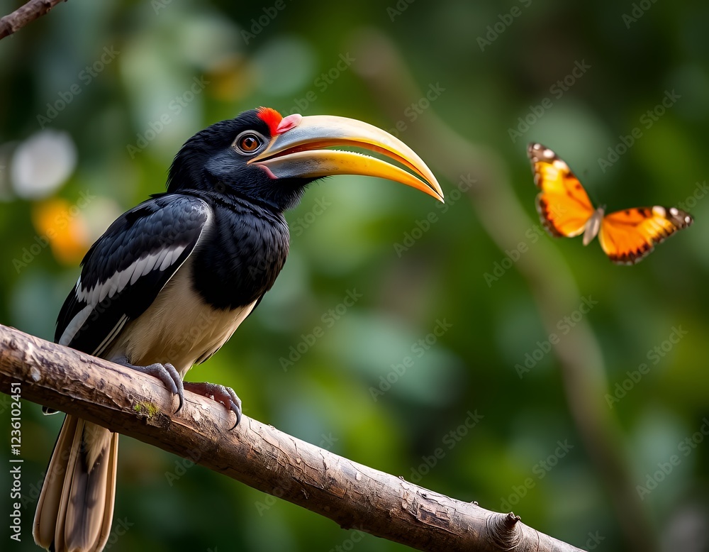 Fototapeta premium Rufous-necked Hornbill and Butterfly in Lush Green Foliage