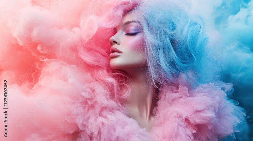 A surreal portrait of a model with pastel pink and blue hair, wearing a cloud-like dress made of soft, feathery textures, standing in a dreamlike atmosphere filled with floating candy-colored mist A surreal portrait of a model with pastel pink and blue hair, wearing a cloud-like dress made of soft, feathery textures, standing in a dreamlike atmosphere filled with floating candy-colored mist