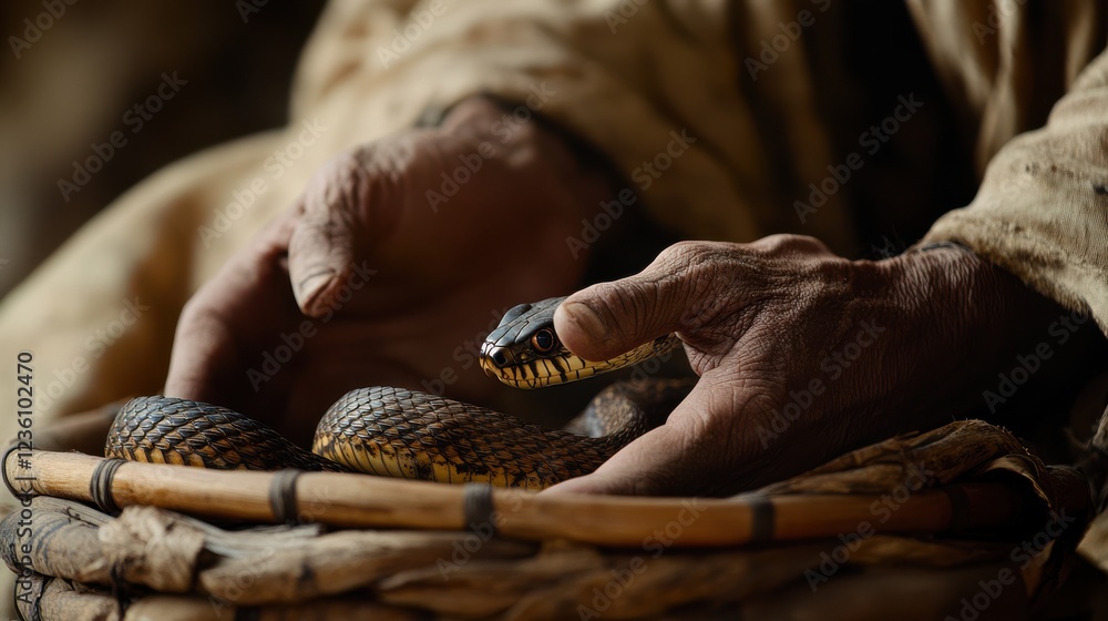 Fototapeta premium Human hands holding a snake with intricate patterns in natural light