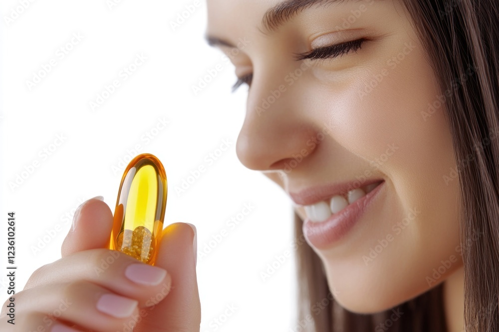 Fototapeta premium A smiling woman holds a vitamin pill in her hand, ready for use