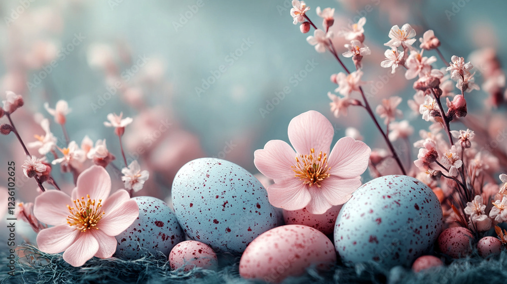 Easter eggs grow on flowering branches. Easter card in pink and blue colors. Easter eggs grow on flowering branches. Easter card in pink and blue colors.