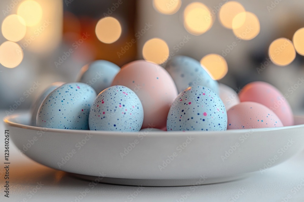 Fototapeta premium A white ceramic bowl filled with blue and pink eggs