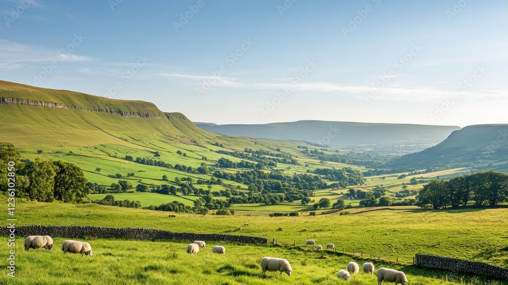 Fototapeta premium A serene landscape featuring rolling hills, green fields, and grazing sheep under a clear sky.