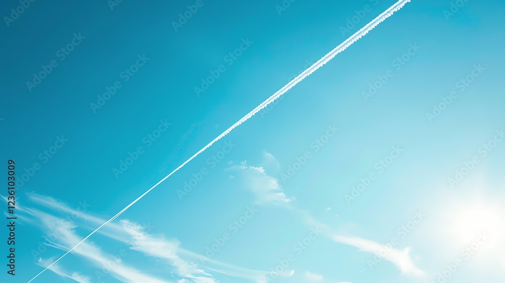 A single contrail in a bright blue sky with some wispy clouds. A single contrail in a bright blue sky with some wispy clouds.