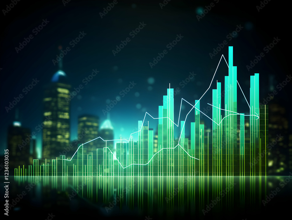 Fototapeta premium Glowing Green Stock Market Graph with a Futuristic City Background