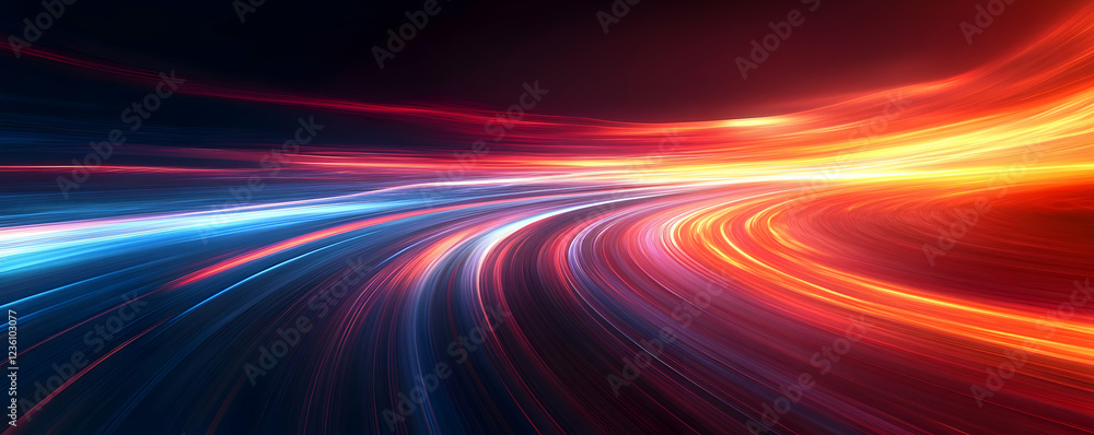 Vibrant light trails create a dynamic sense of speed on a dark background