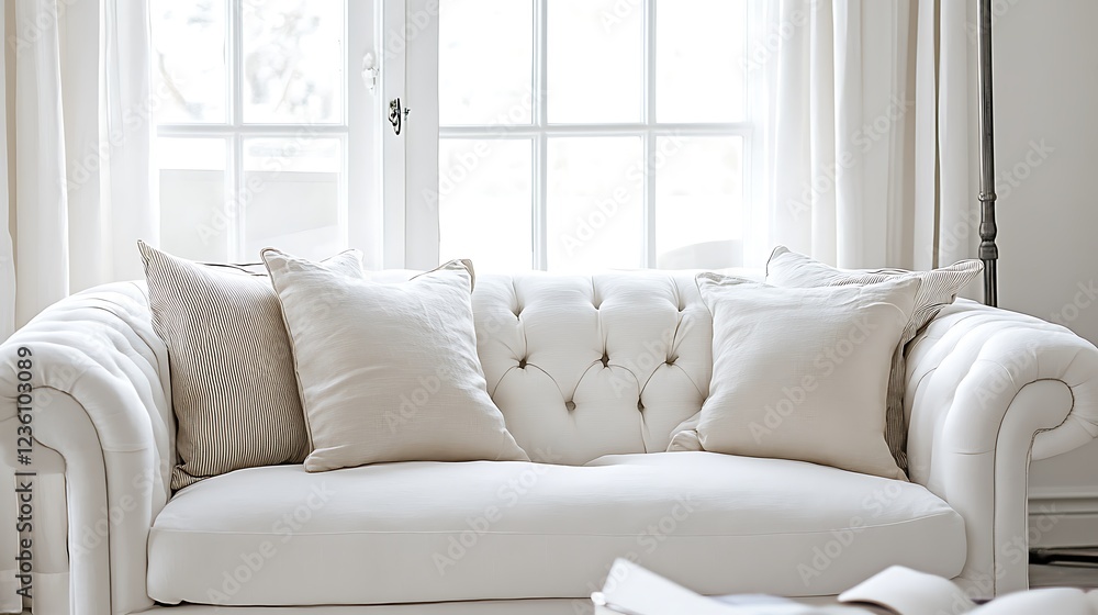 Fototapeta premium White furniture that is elegant and includes silk pillows
