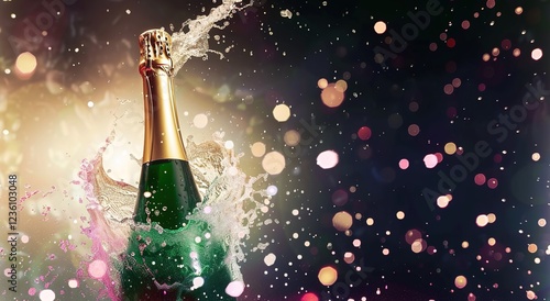 A champagne bottle popping on a sparkling background, with blank space for customized content, luxurious celebration for festival.