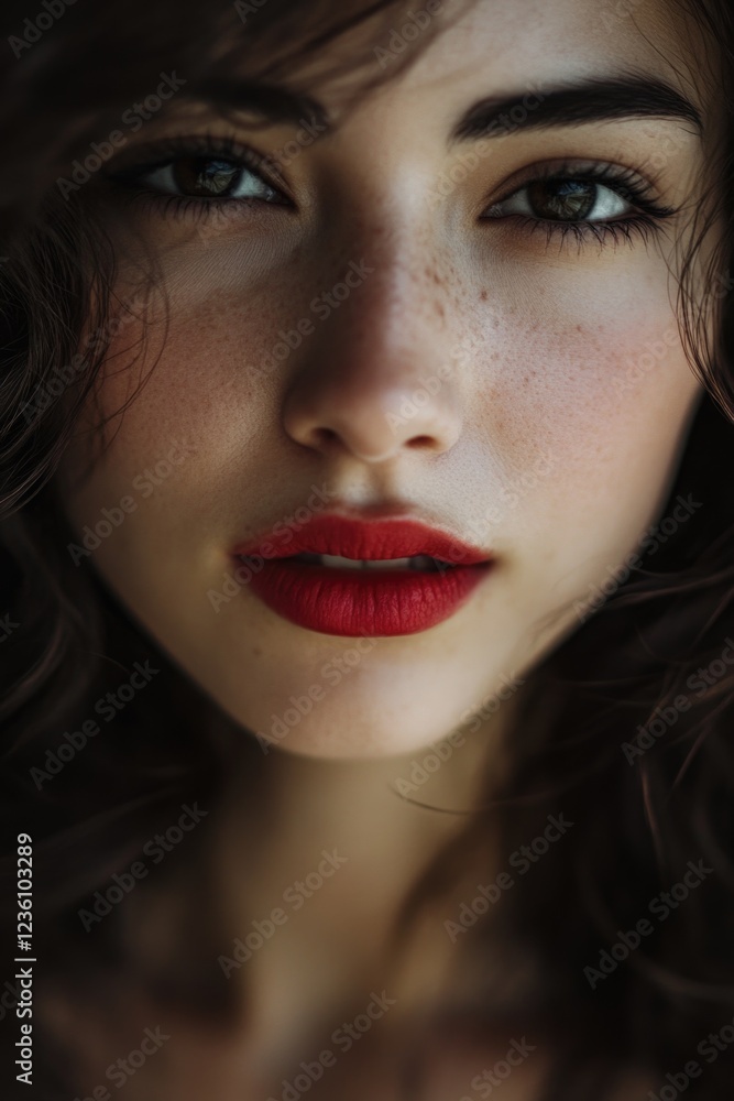 Close-up portrait of a woman with bold red lipstick, emphasizing her features Close-up portrait of a woman with bold red lipstick, emphasizing her features