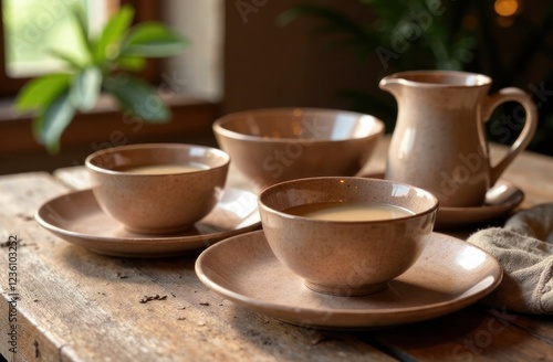 Wallpaper Mural rustic ceramic cups and plates on wooden table in sunlight, with greenery in background. cozy kitchen setting, home decor inspiration, tea ceremony, lifestyle. Torontodigital.ca