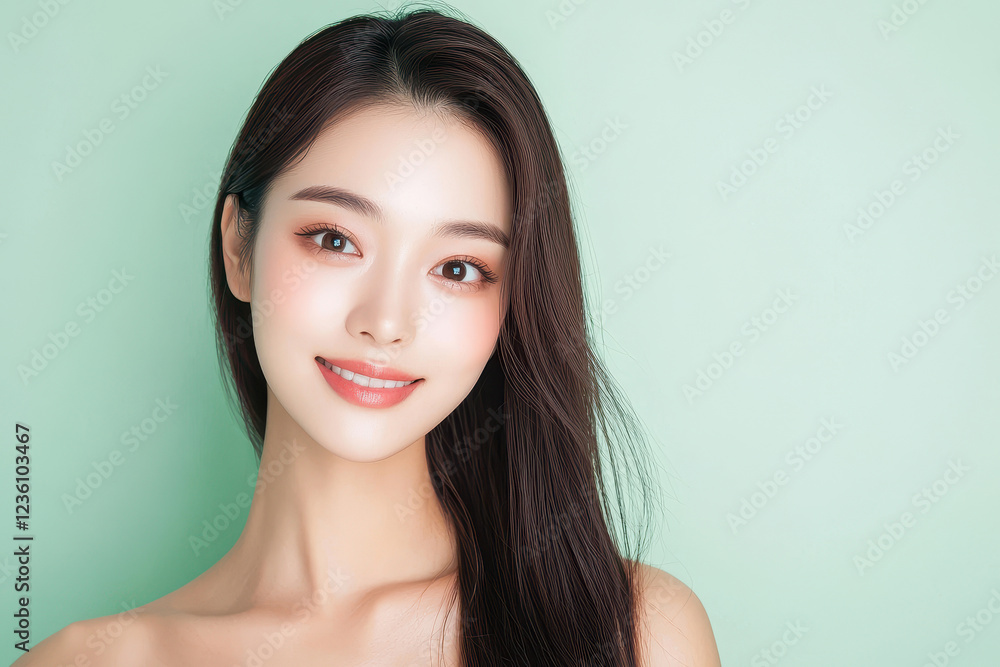 A smiling portrait of an asian woman with long hair against a soft green background, exuding beauty and confidence. A smiling portrait of an asian woman with long hair against a soft green background, exuding beauty and confidence.