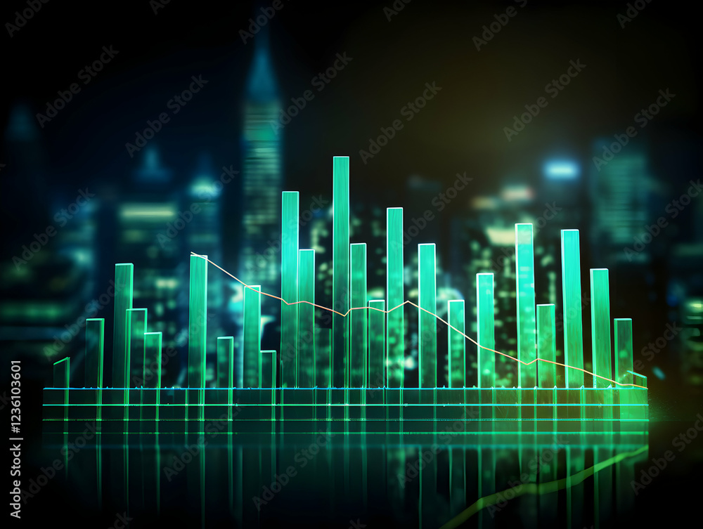 Fototapeta premium Glowing Green Stock Market Graph with a Futuristic City Background