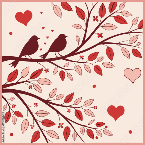 Love Birds on Branch: A charming illustration of two lovebirds perched on a blossoming branch, surrounded by hearts and delicate floral details, perfect for Valentine's Day or romantic occasions.