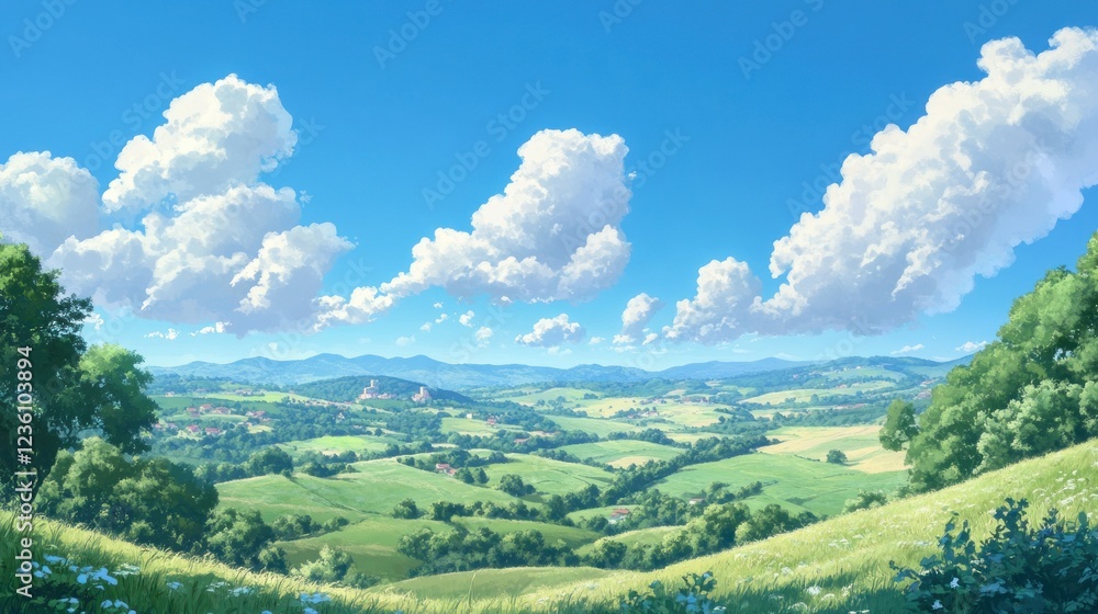 Naklejka premium A serene landscape featuring rolling hills, lush greenery, and a bright blue sky with clouds.
