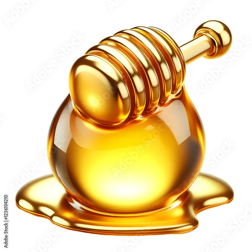 Golden honey drop close-up isolated on white background