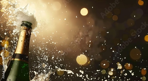 A champagne bottle popping on a sparkling background, with blank space for customized content, luxurious celebration for festival.
