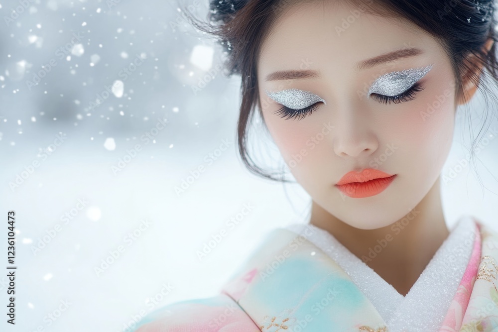 A woman wearing a traditional Japanese kimono looks directly at the camera A woman wearing a traditional Japanese kimono looks directly at the camera