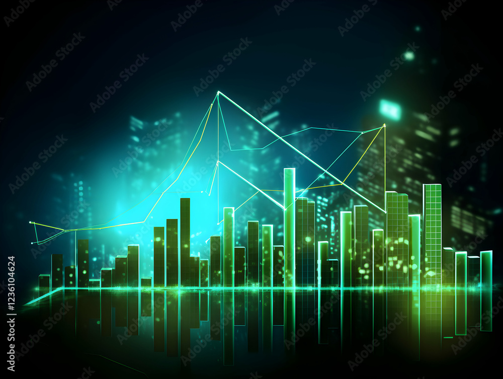 Fototapeta premium Glowing Green Stock Market Graph with a Futuristic City Background