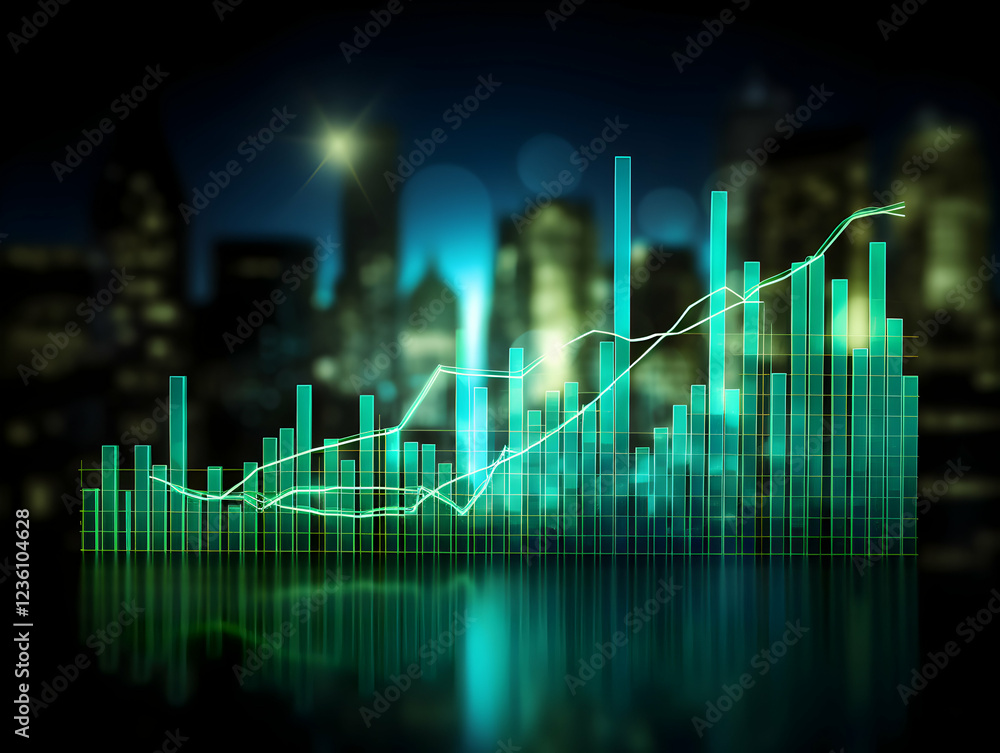 Naklejka premium Glowing Green Stock Market Graph with a Futuristic City Background