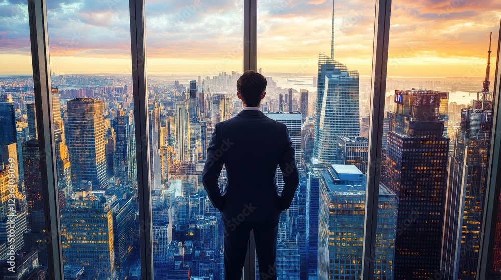 Fototapeta premium Businessman Looking at City Skyline During Sunset from Office Window