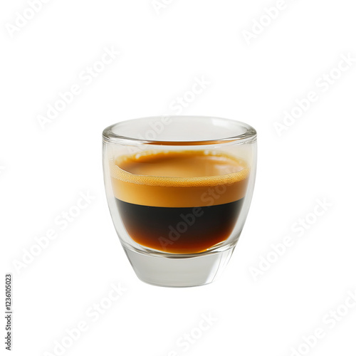 A small glass of coffee with a brown liquid in it