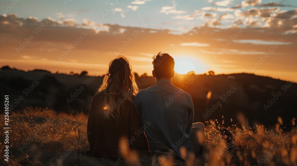 A couple sits together, watching the sunset over a hilltop.