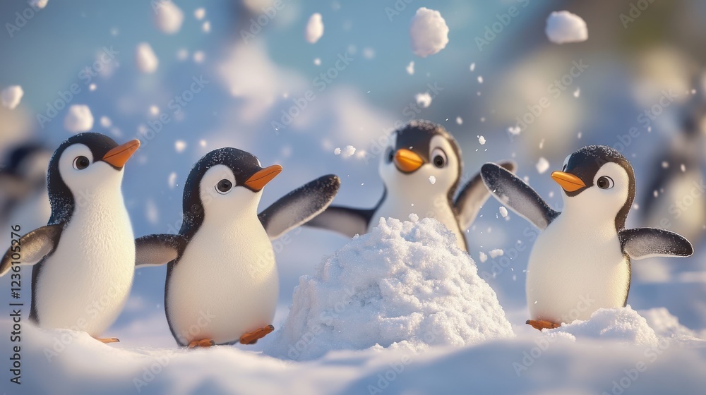 Fototapeta premium Playful Penguins Enjoying Snowy Winter Day in a Snowy Landscape