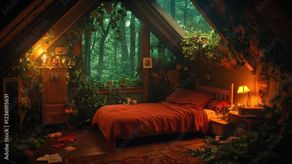 Fototapeta premium Forest attic bedroom, plants, rain, window, cozy
