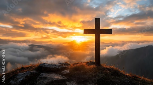 A radiant sunrise illuminating a single wooden cross in an open field.