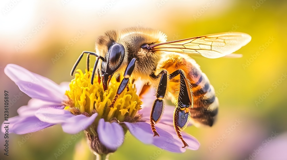 A detailed macro shot of a honeybee collecting nectar from a colorful flower in a sunny garden A detailed macro shot of a honeybee collecting nectar from a colorful flower in a sunny garden
