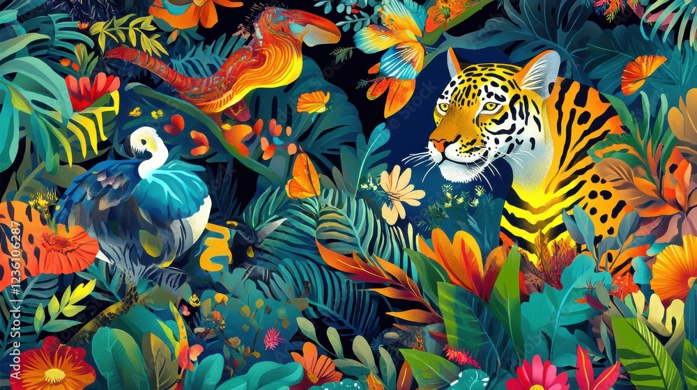 Fototapeta premium Colorful Jungle Scene with Wildlife and Vibrant Flora Elements
