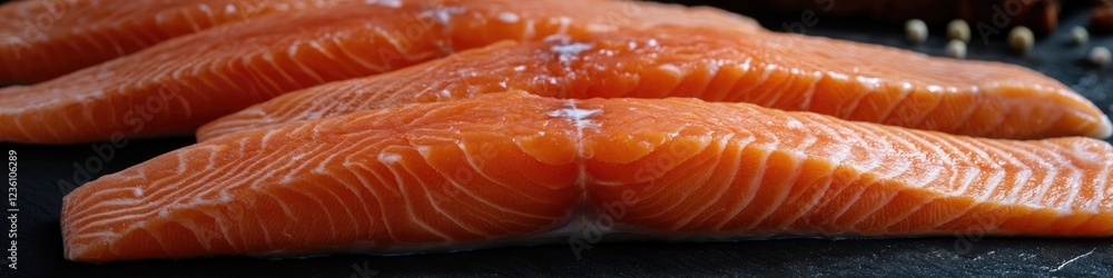 Fresh salmon fillets arranged on a table surface, ready for consumption or display