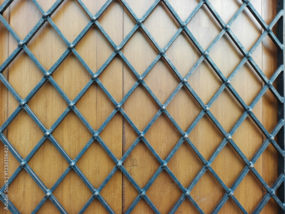 Fototapeta premium Metal grid on the wooden door