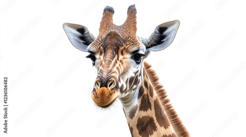 Fototapeta premium Close-up shot of a giraffe's face against a white background