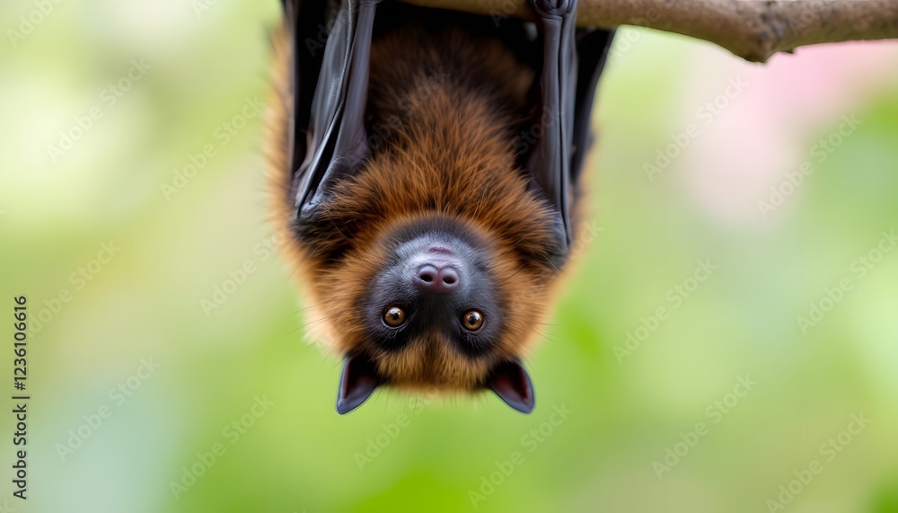 Obraz premium Adorable Upside Down Bat Hanging From Branch