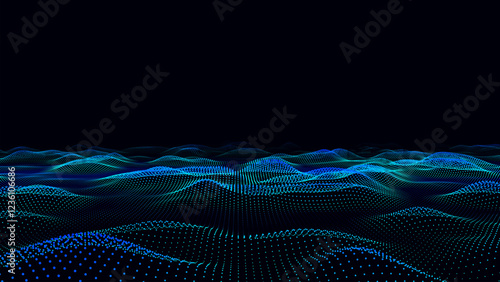 Abstract vector technology blue wave with motion glowing dots. Dark cyberspace in digital background. Connection big data. Futuristic wireframe texture. Dynamic analysis a network connection.