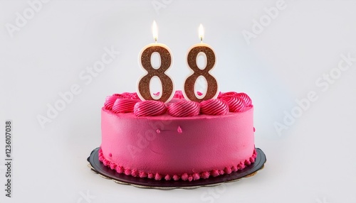 Decorated pink cake for birthday or anniversary party, candle number 88, white background photo