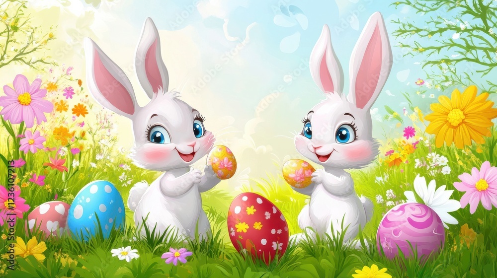 Obraz premium Cute Cartoon Bunnies with Colorful Easter Eggs in Spring Garden