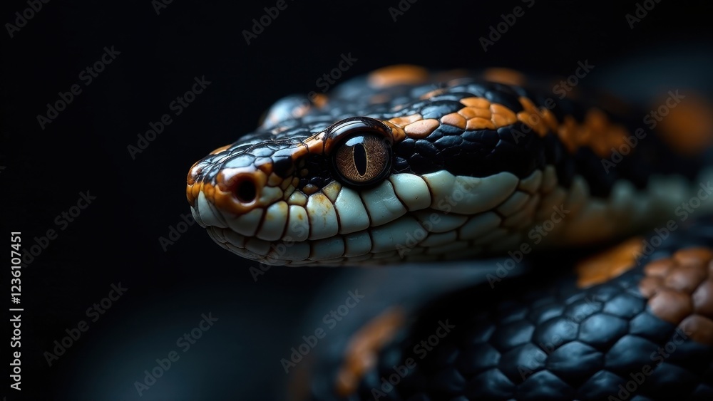 Close-up of a reptile's head, showcasing intricate scales and a captivating gaze Close-up of a reptile's head, showcasing intricate scales and a captivating gaze