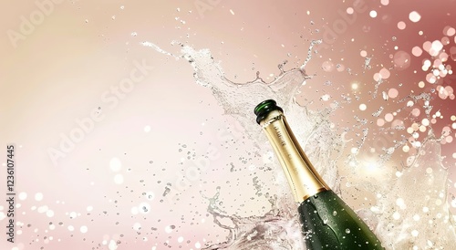 A champagne bottle popping on a sparkling background, with blank space for customized content, luxurious celebration for festival.