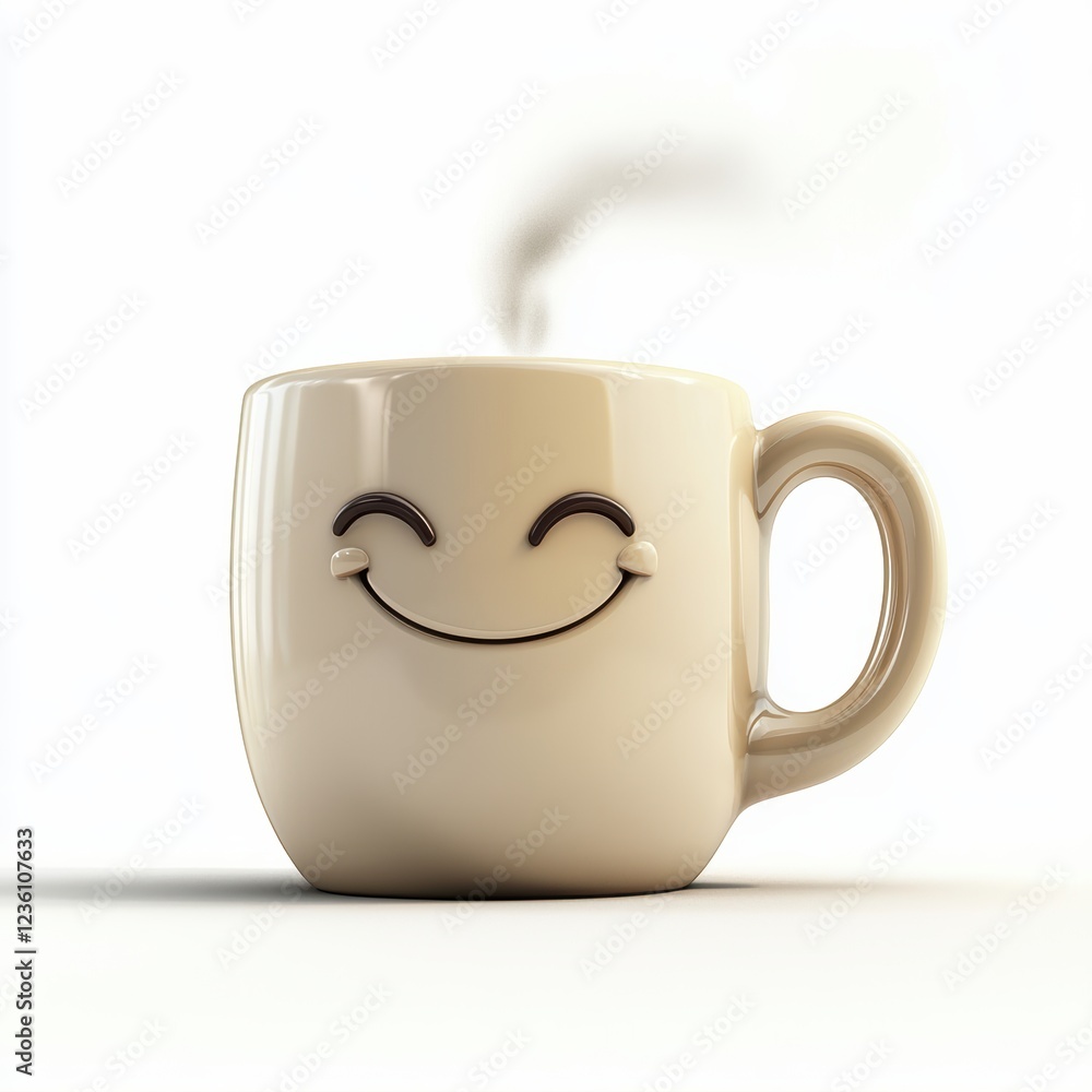 Happy coffee mug character with a steaming head and a friendly grin, isolated on a clean white background Happy coffee mug character with a steaming head and a friendly grin, isolated on a clean white background