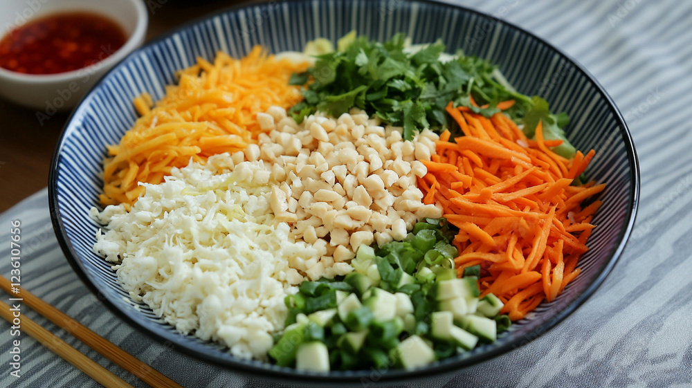 Fresh salad bowl with colorful ingredients like carrots, cheese, and herbs Fresh salad bowl with colorful ingredients like carrots, cheese, and herbs