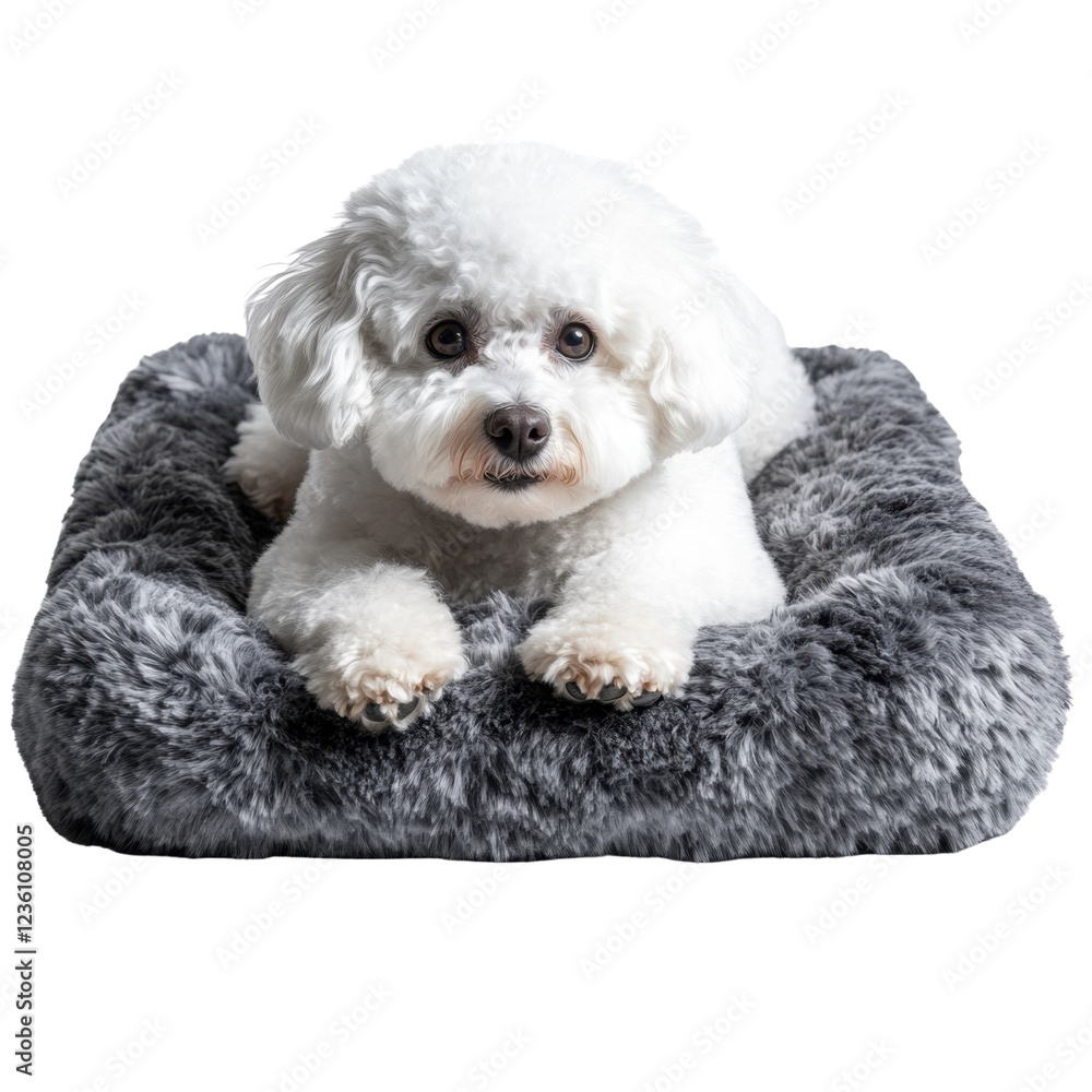 A fluffy white dog rests comfortably on a soft, gray pet bed, showcasing its adorable features and calm demeanor. A fluffy white dog rests comfortably on a soft, gray pet bed, showcasing its adorable features and calm demeanor.