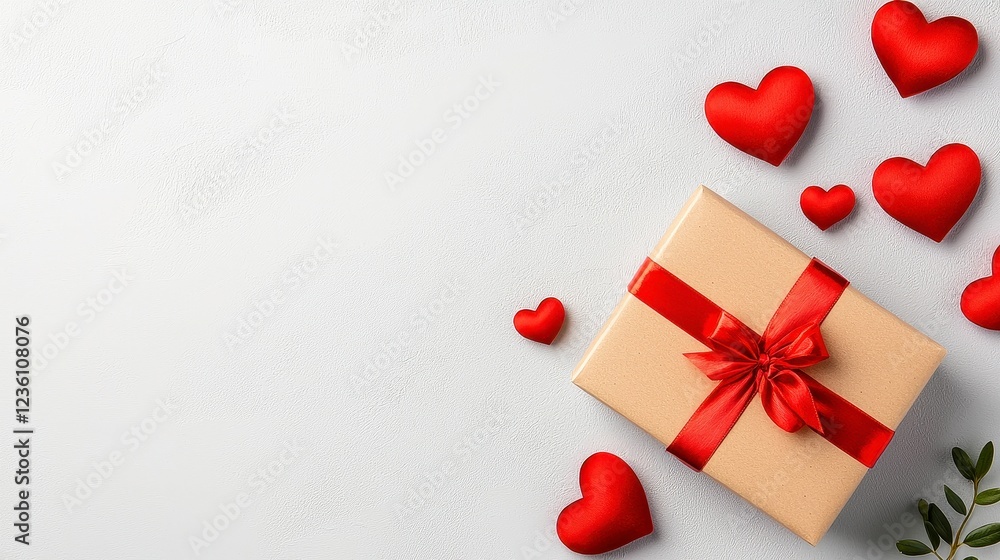 Rustic Brown Gift Box With Red Hearts On Gray Background Rustic Brown Gift Box With Red Hearts On Gray Background