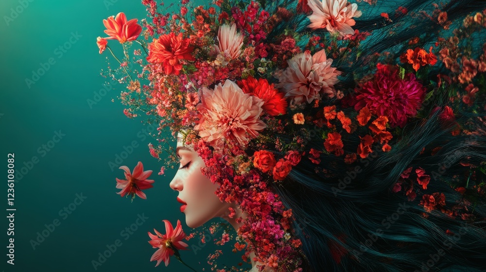 A creative portrait where the subject's hair is intertwined with vibrant flowers in reds, pinks, and oranges, set against a contrasting teal background, symbolizing growth and beauty A creative portrait where the subject's hair is intertwined with vibrant flowers in reds, pinks, and oranges, set against a contrasting teal background, symbolizing growth and beauty