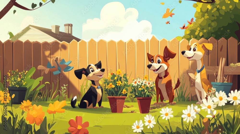 Fototapeta premium Playful Dogs in a Vibrant Garden Surrounded by Flowers and Plants