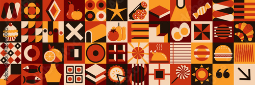 Avant-garde mosaic food background. Brutal geometric shapes. Minimalistic postmodern abstract shapes, swiss banner design, basic geometry, modern primitive blocks, art nouveau elements.