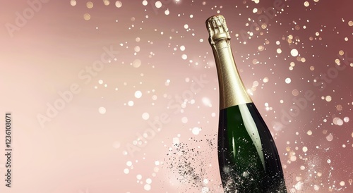 A champagne bottle popping on a sparkling background, with blank space for customized content, luxurious celebration for festival.