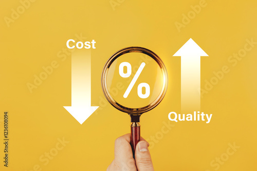 Businessman holds magnifying glass with percentage symbols and up and down graph. Concepts of marketing strategies, reducing costs, quality control, reducing product costs and increasing efficiency.