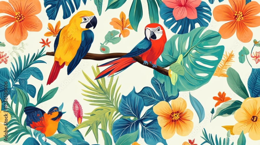 Fototapeta premium Colorful Tropical Birds and Vibrant Floral Background Design